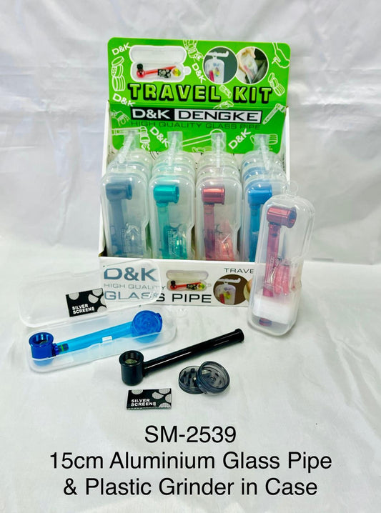 15cm aluminium glass pipe &plastic grinder travel set (pack of 12)