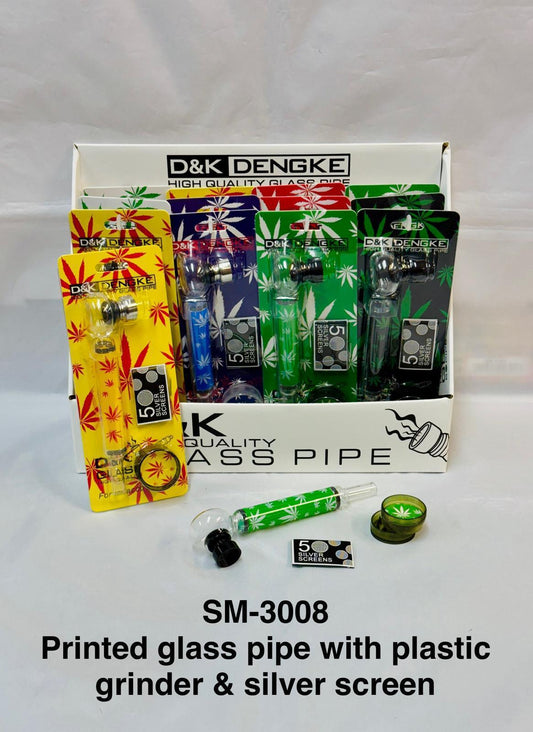Printed glass pipe with plastic grinder and silver screens ( pack of 12)